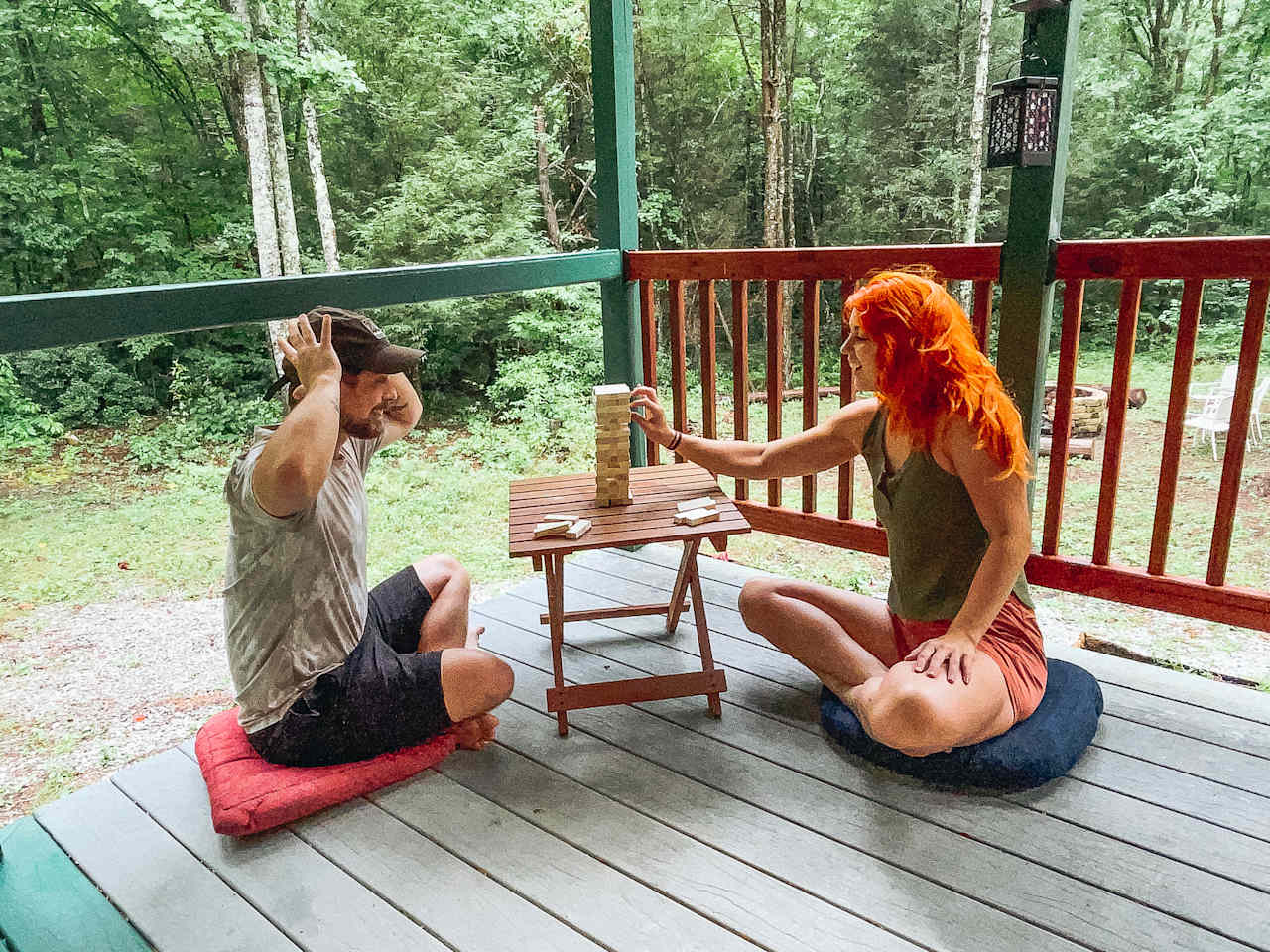 The covered porch is perfect for games.