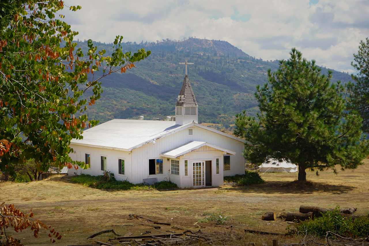 Overview of Mountain Chapel with the yurt to the right.