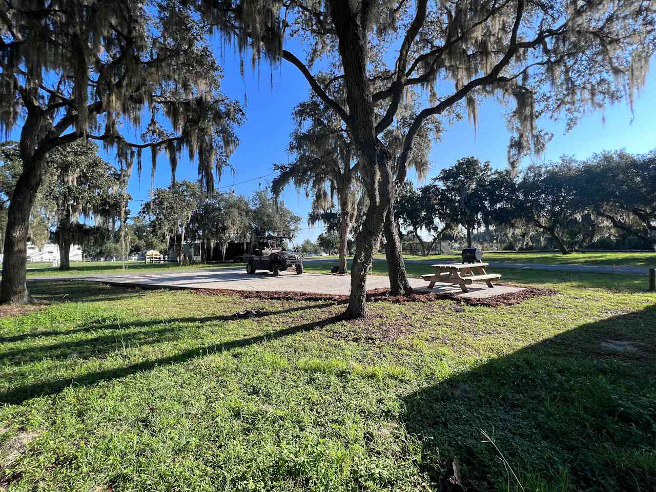 Partially shaded paved lot with full hookup. 30 and 50 amp hookup. Table and charcoal grill on site. View from the back of BearPaws Retreat 
