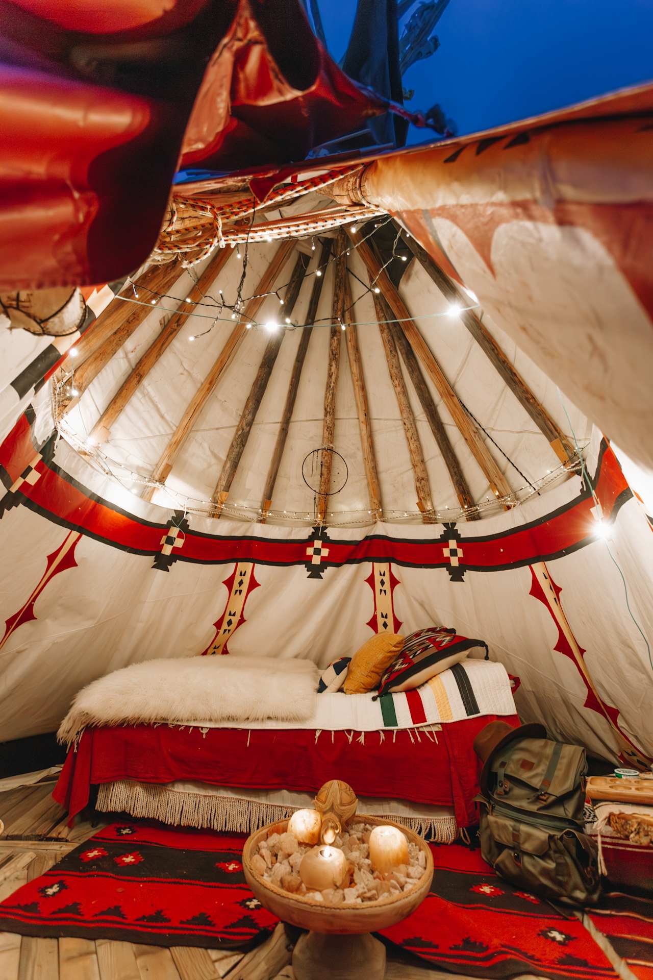 Solar lights lighting the Tipi once it gets dark