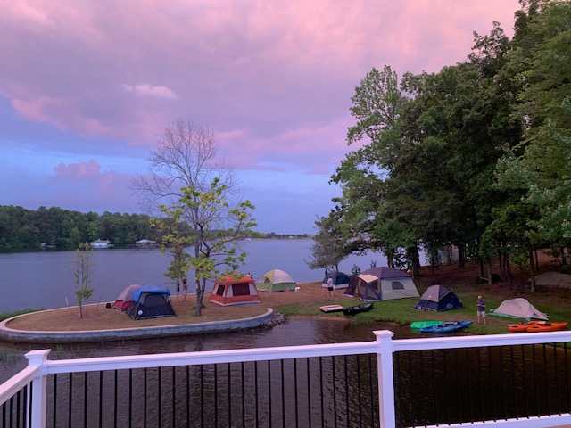 View of tents on the pointe and beach area from the dock second level