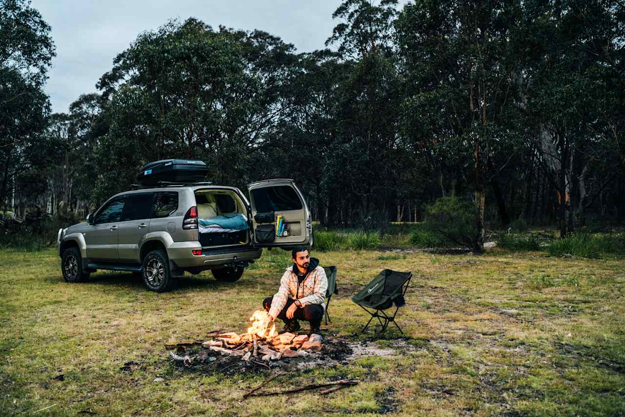 Our site amongst the gum trees! You can car camp or set up a tent anywhere on the property to the left, as explained by the host.