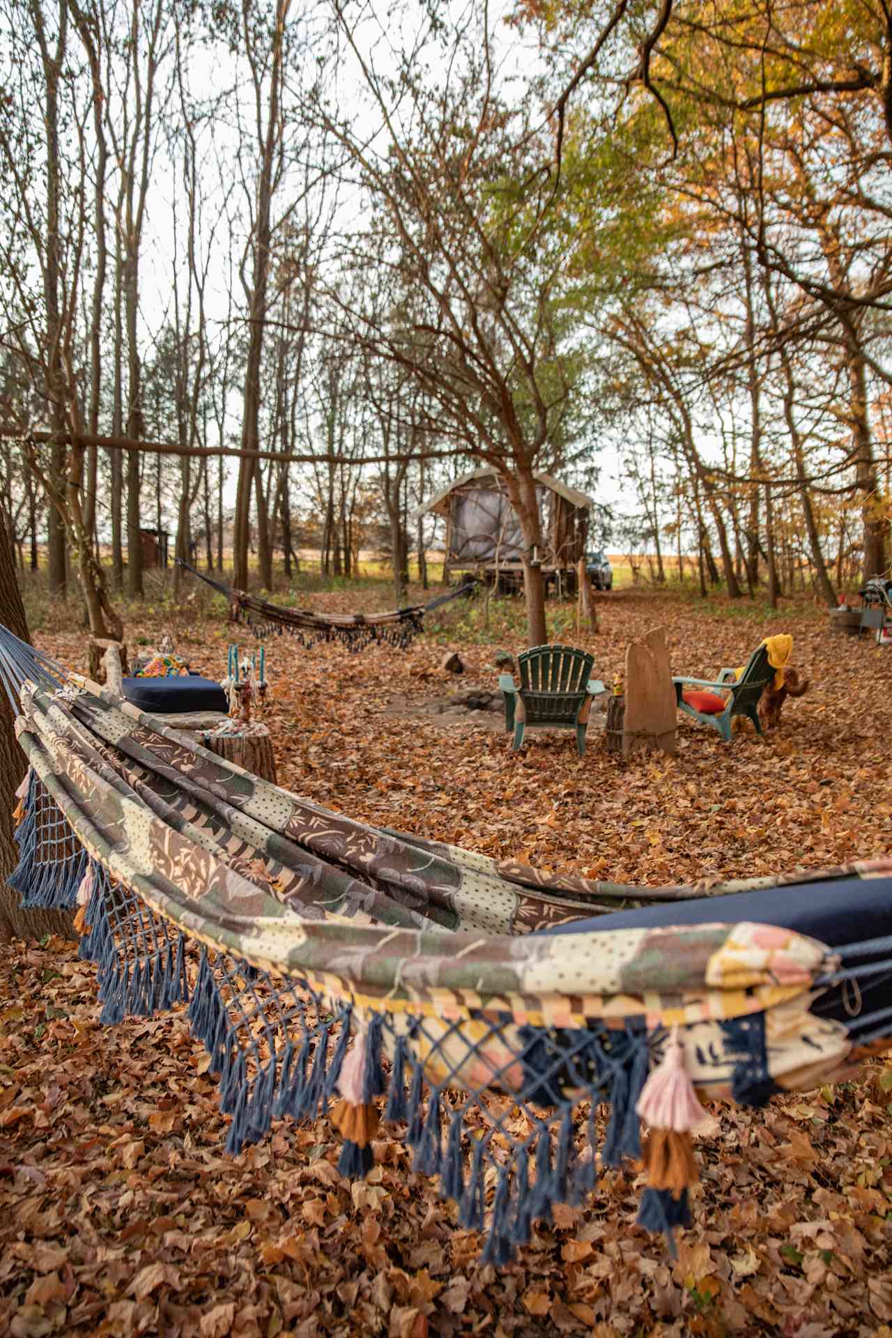 The hangout area around the fire pit complete with hammocks, chairs, tables and a bench seat.