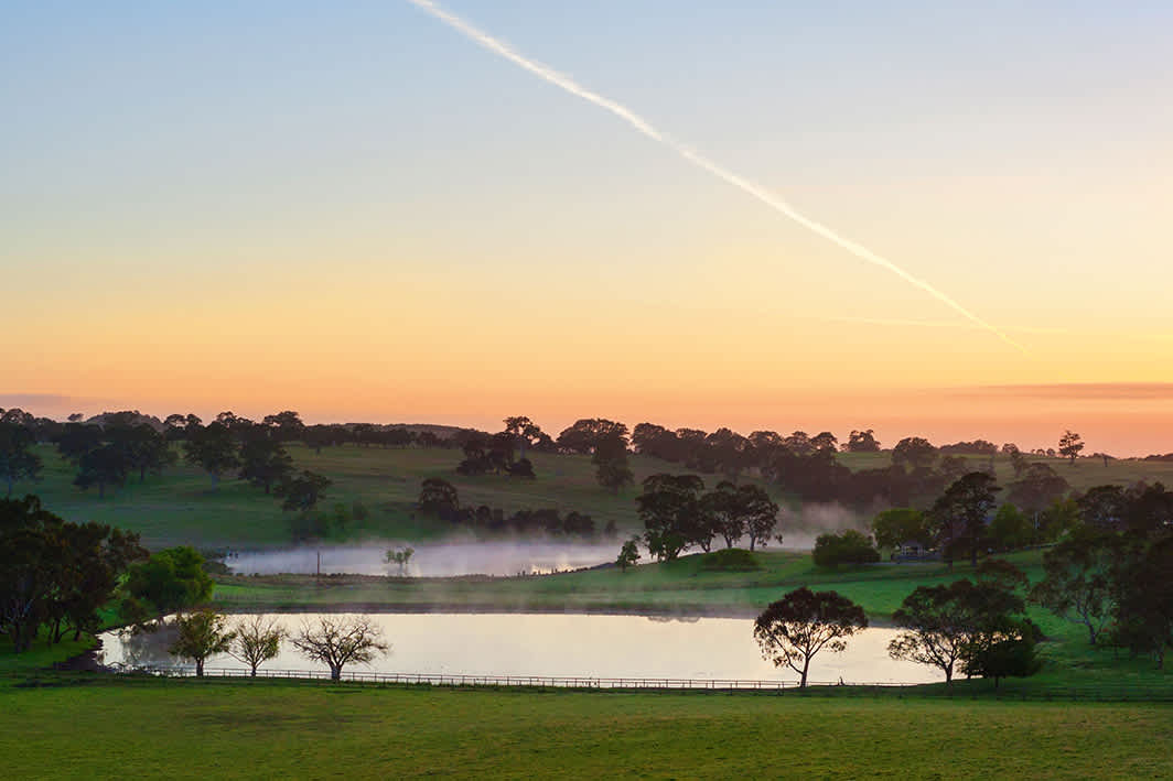 View down the valley at sunrise