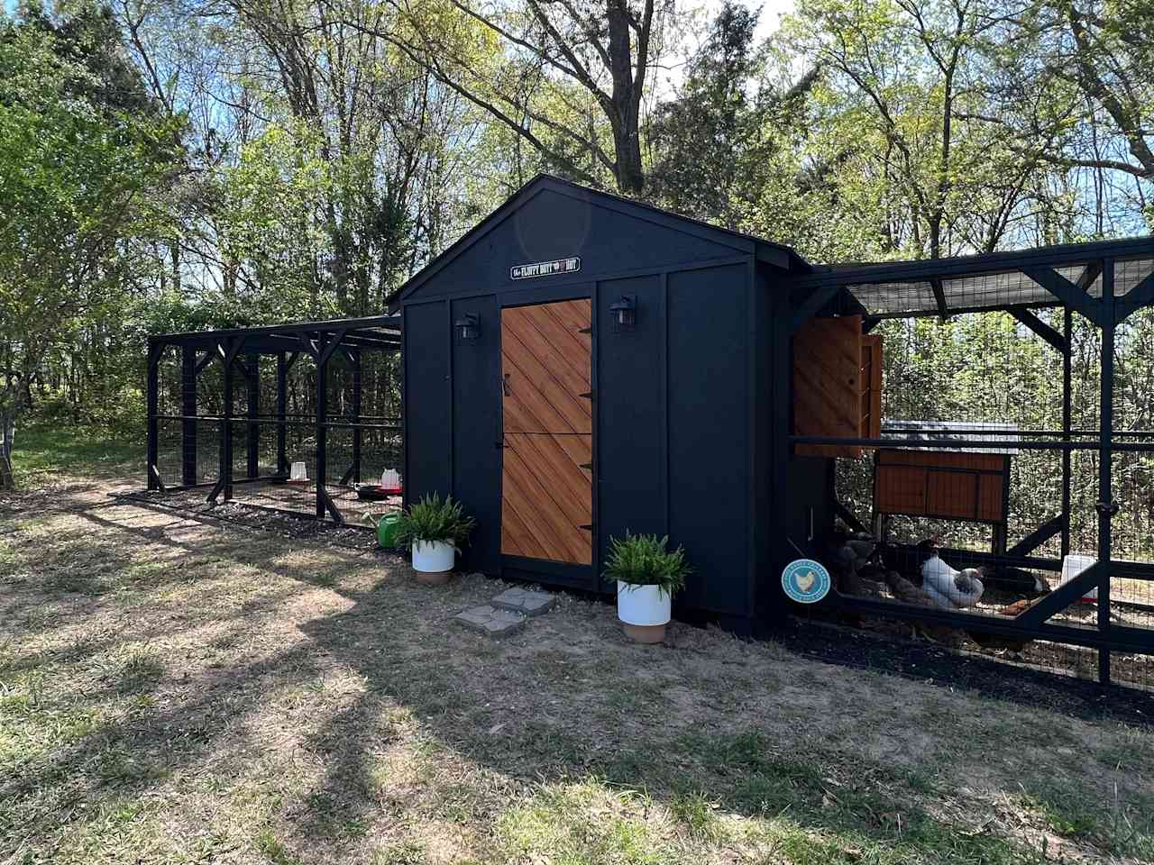 Our Chicken Coop houses our 21 chickens working hard to provide you with fresh eggs for your stay!