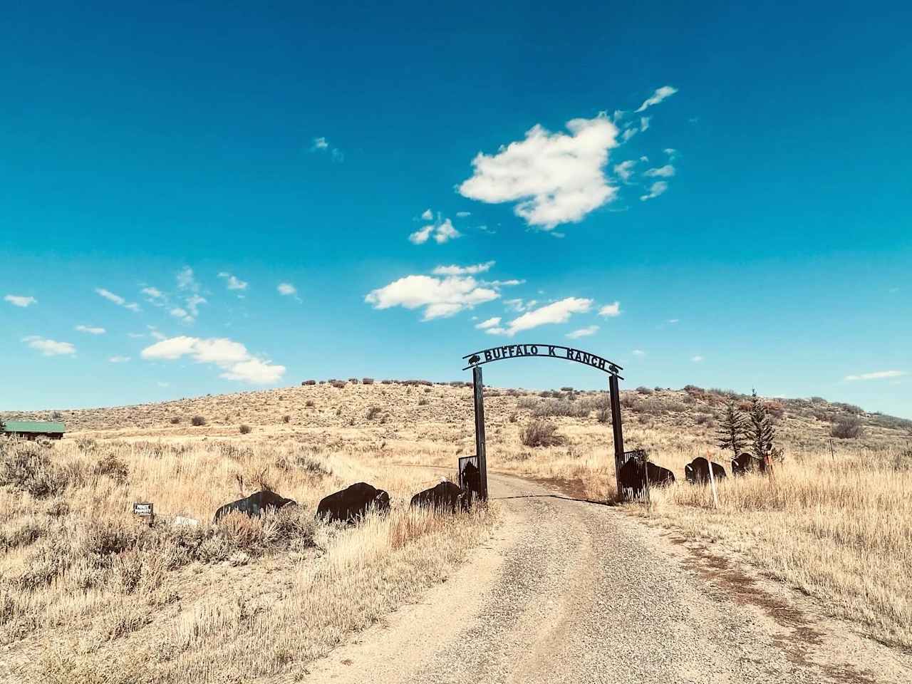 Entrance gate for the Buffalo ranch visible from highway 40
