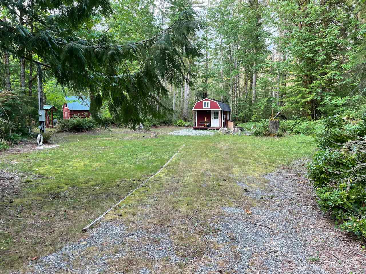 The camp lot has flat space for vans, tents and RVs. Inside “the shed” you’ll find a beautiful cedar sauna, kitchen sink, counter, hot water kettle, and compost toilet. 