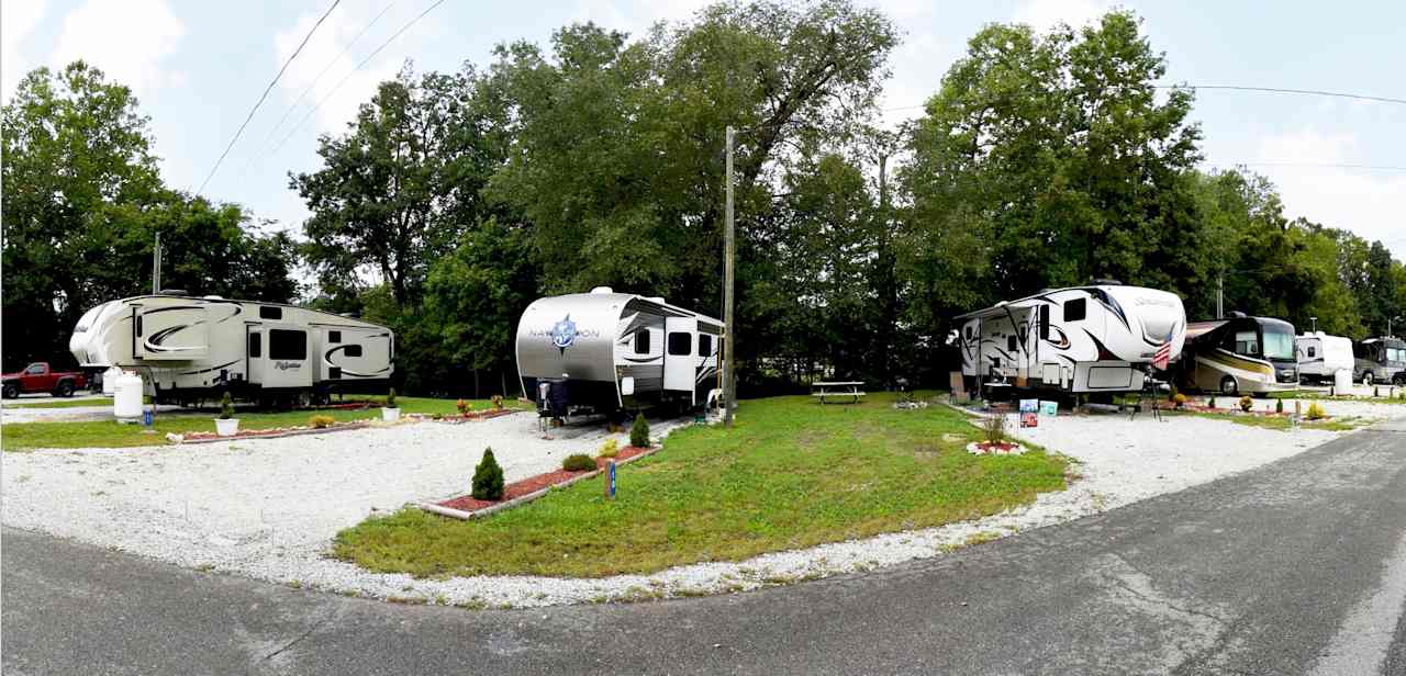 Full hookup RV Fairy land because of all the little Christmas lights that come on every night