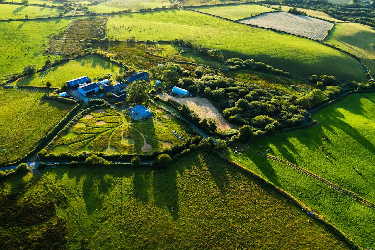 An aerial view of Bryn Ifan with long shadows