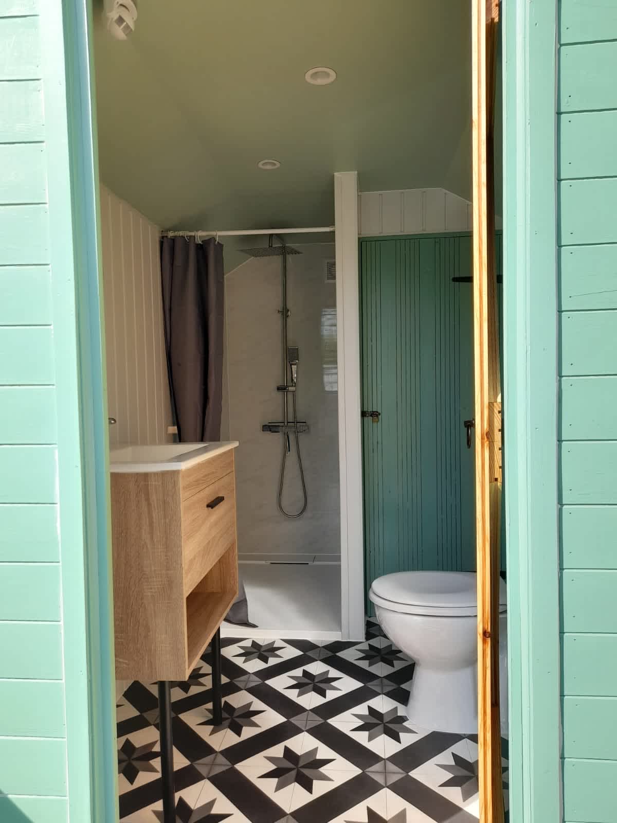 Interior of Private horsebox bathroom, shower, flushing toilet and sink