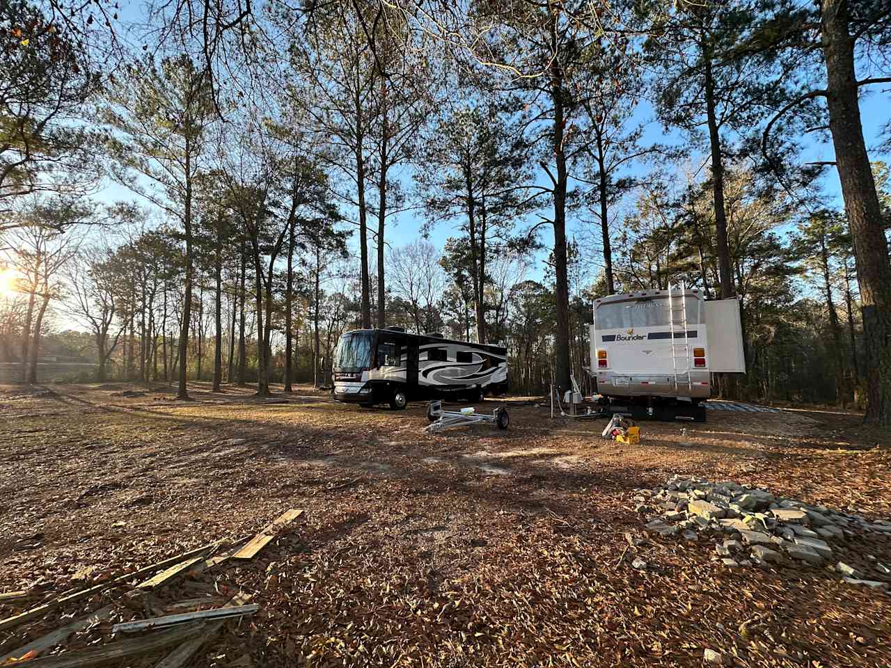 Full hookups for water, sewer, and electric are in the middle of the two sites. Site 1 is a back-in site, and site 2 is a pull-in site.