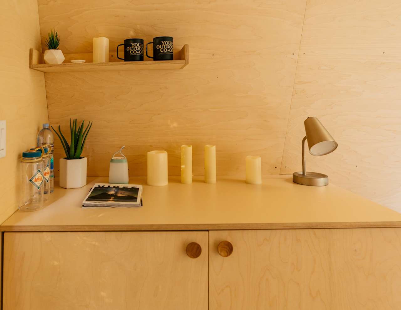 cute countertop area in the a-frame with thoughtful amenities