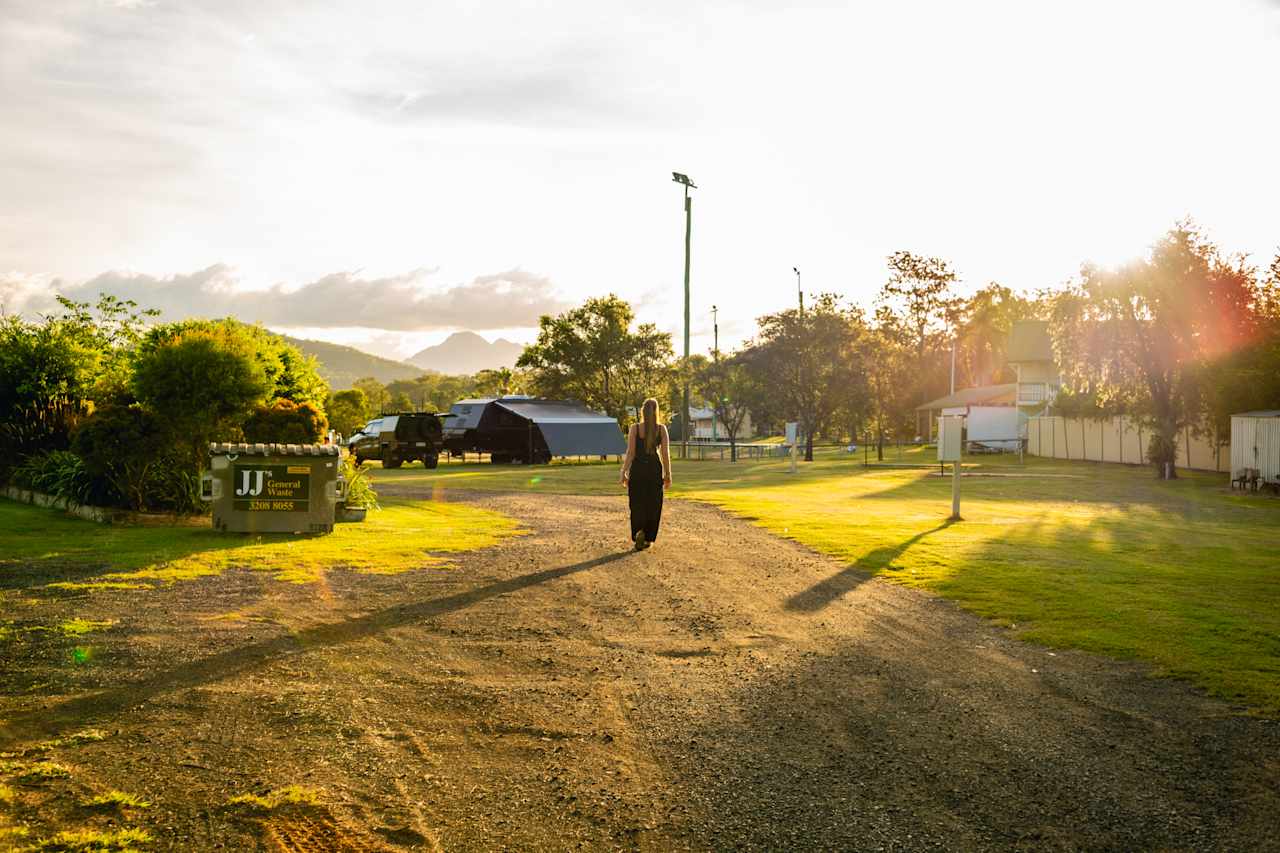 Walking through the campground at sunset