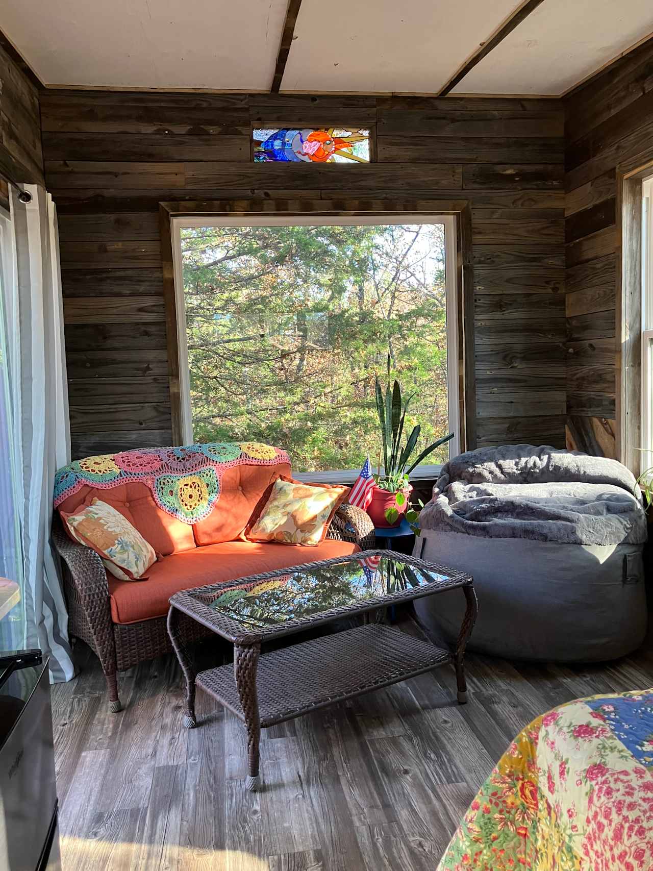 comfy love seat can be used indoors or out on the deck. 'NEST' chair unzips and shakes out for a sleeping pallet on the floor