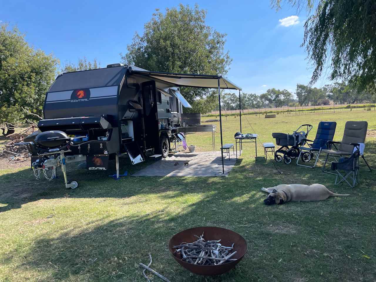 Camp adjacent to the green shed under the shade of the willow trees. 