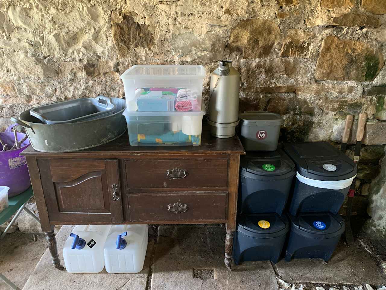 Inside the cow byre HQ: close up of provisions for use during your stay.