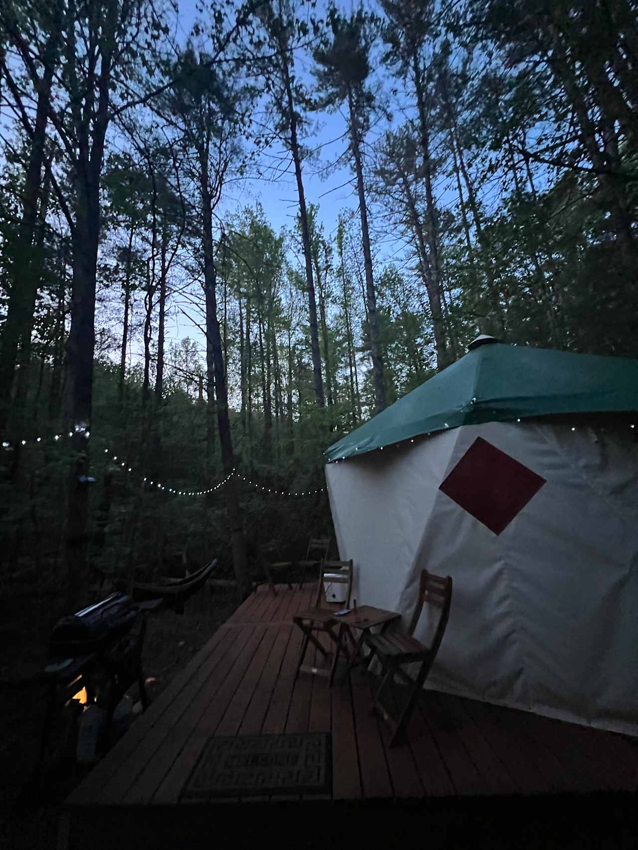 The yurt in the evening! Cute lights 