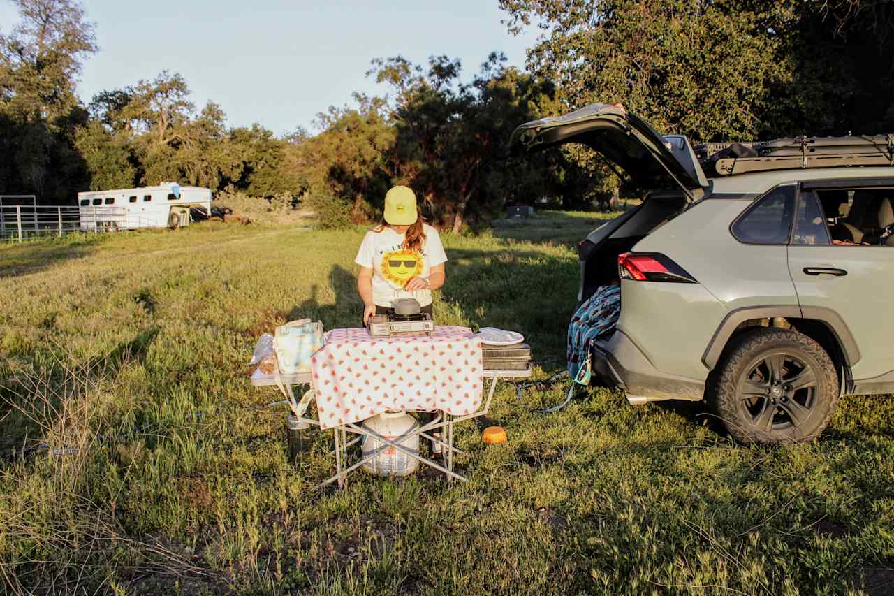 Site Overview/ Landscape: Fields with shaded Oak Trees and ample space for multiple vehicles