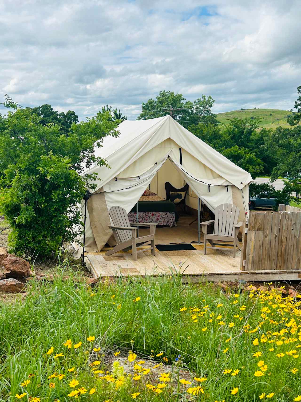 View of Selah tent from Hippie Hill in the Spring. Mt. Scott in the background.