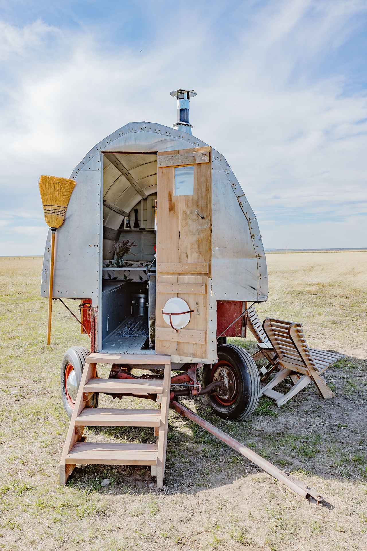 No sheep wagon is complete without a broom and a dishpan. 