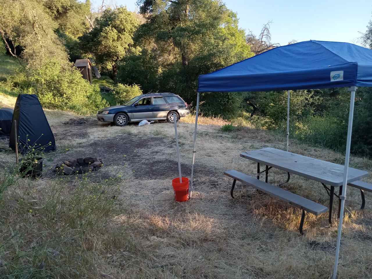 This is the second campsite I have. It is on the lower part of my property.  It can be driven up to for convenience of having your car close by or staying in a vehicle. It has a fire pit, camping toilet, picnic table, and EZ up for shade. There is plenty of room for tents. The site is surrounded by large bush like trees that offer privacy ambiance.