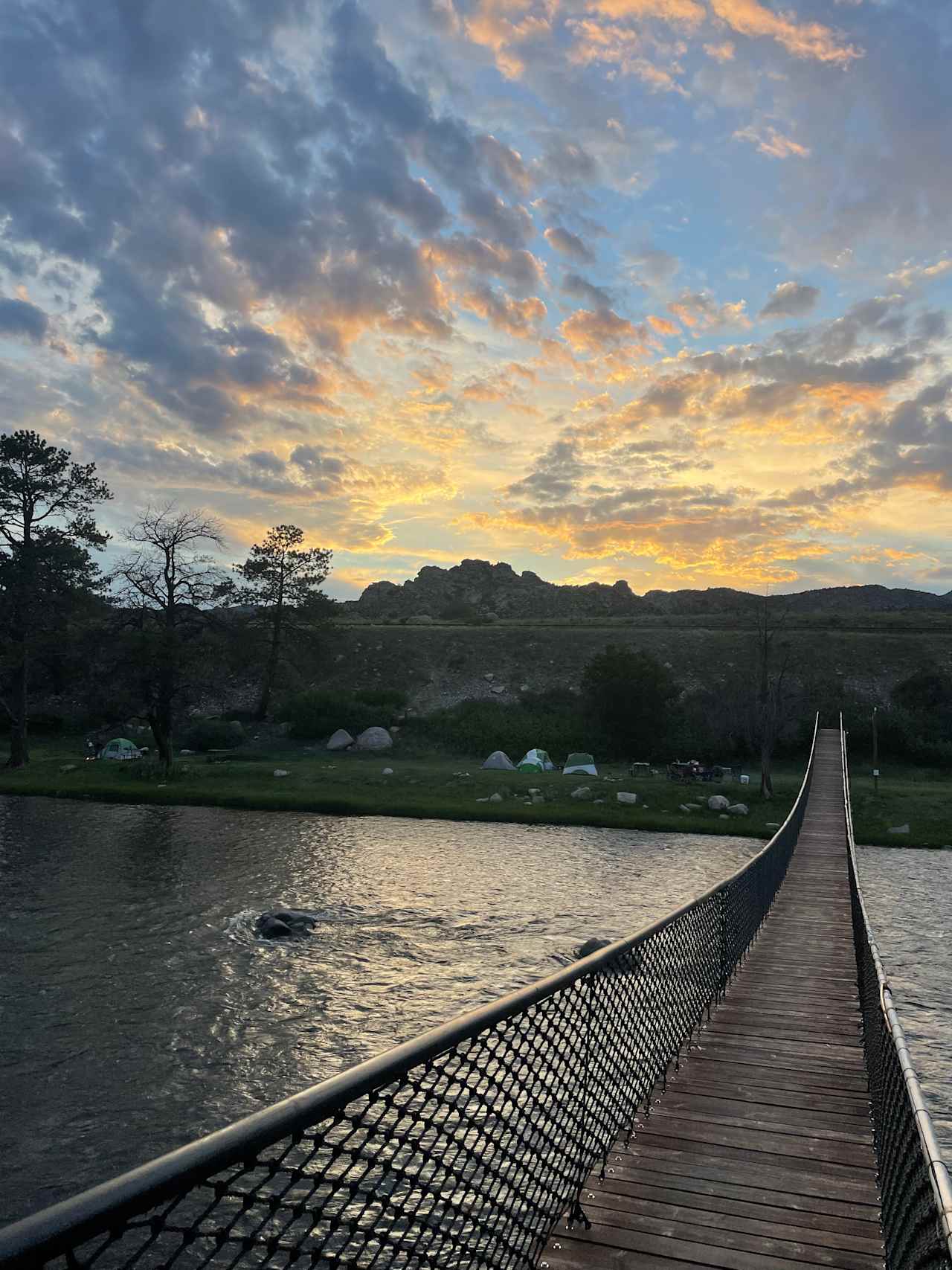 The suspension bridge over the Arkansas to the Individual Tent Sites.