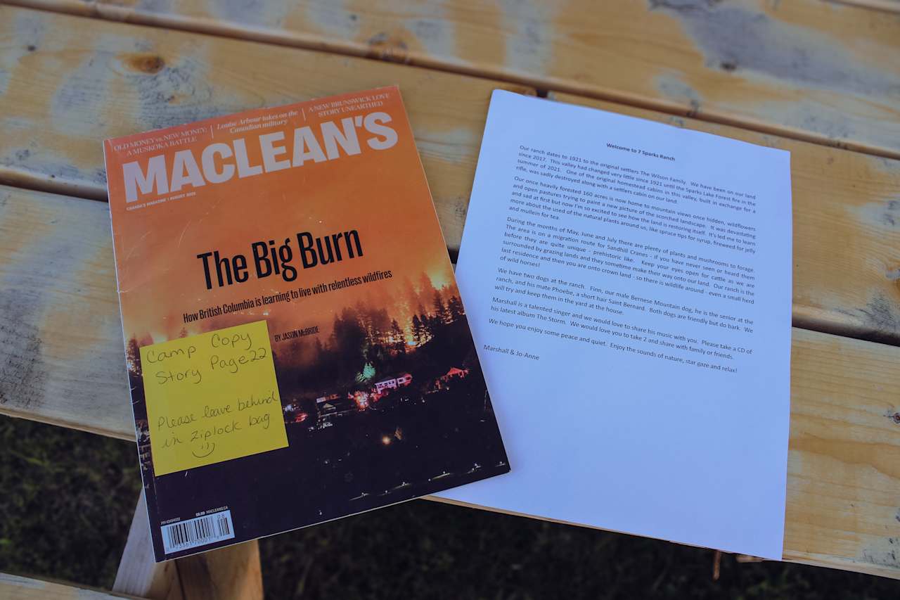 Wonderful welcome packet and copy of Macleans that discusses the 2021 wildfire 