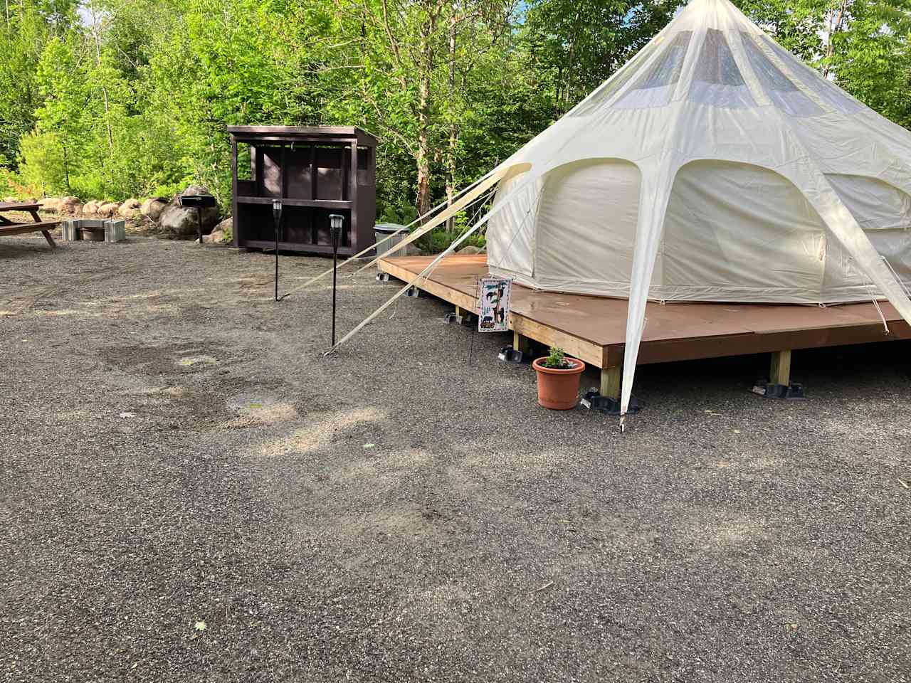 Our 16 foot Stargazer tent. Sleeps four comfortably. Outdoor kitchen complete with all essentials