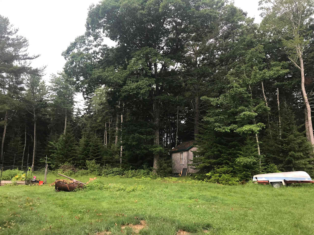 View of Stuart Little’s Dreamhouse nestled in the woods. Garden, fire pit, boat. Real Maine living.