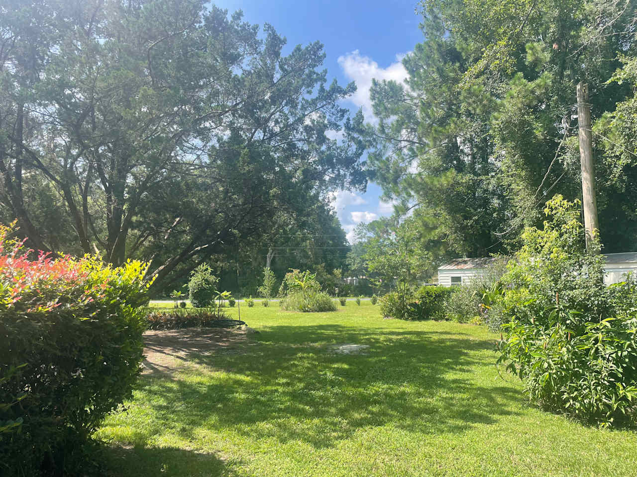 The view from the back of property. You would be looking at the back end of your camper.  Location is mostly shaded with the exception of about 11:30am to 2:30 pm.