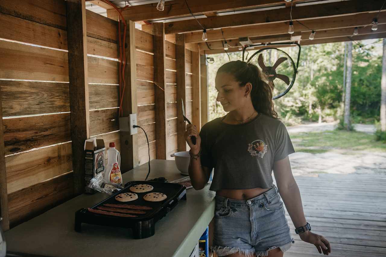 Breakfast was blueberry pancakes and turkey bacon on the griddle.