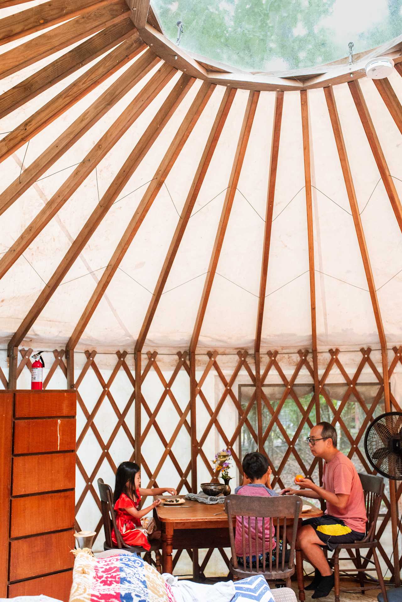 eating in the yurt under the skylight