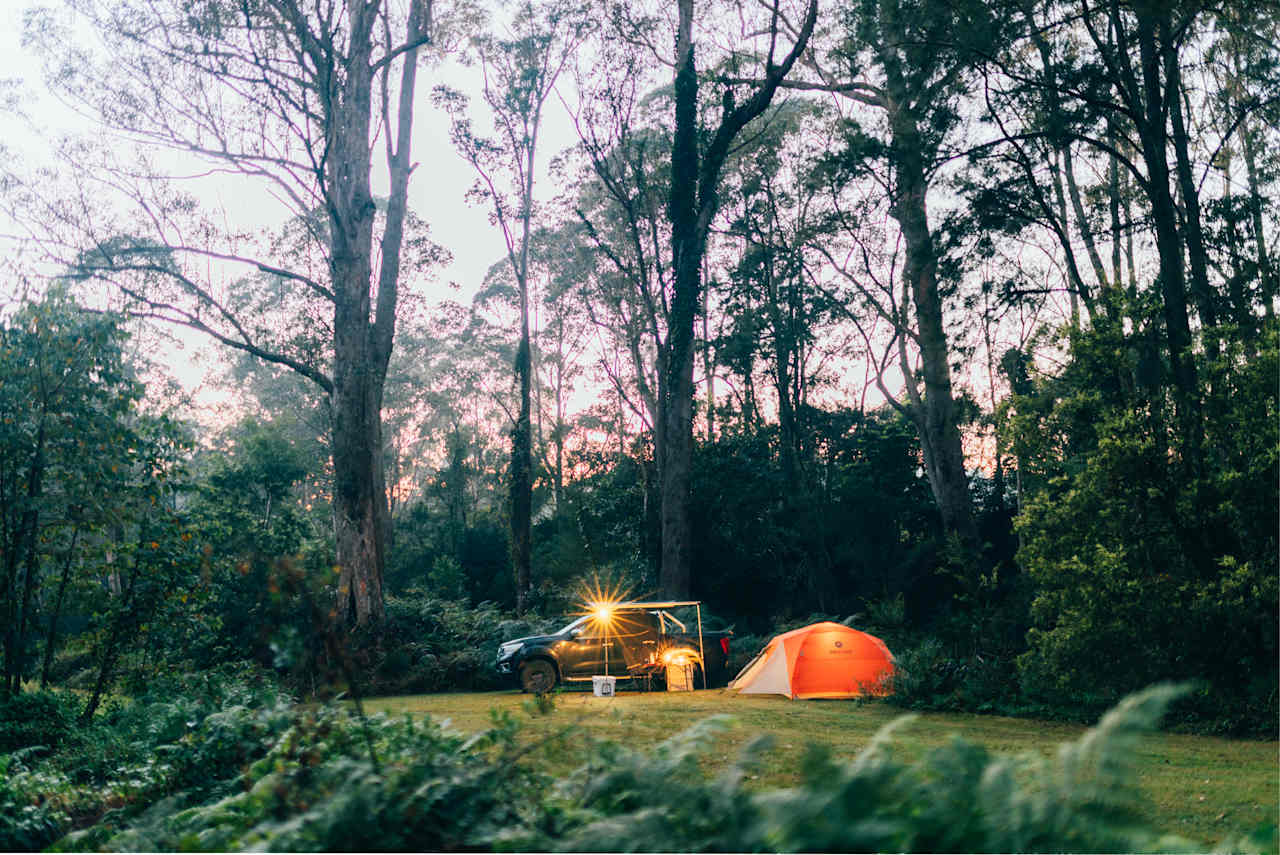 camp setup at sunrise