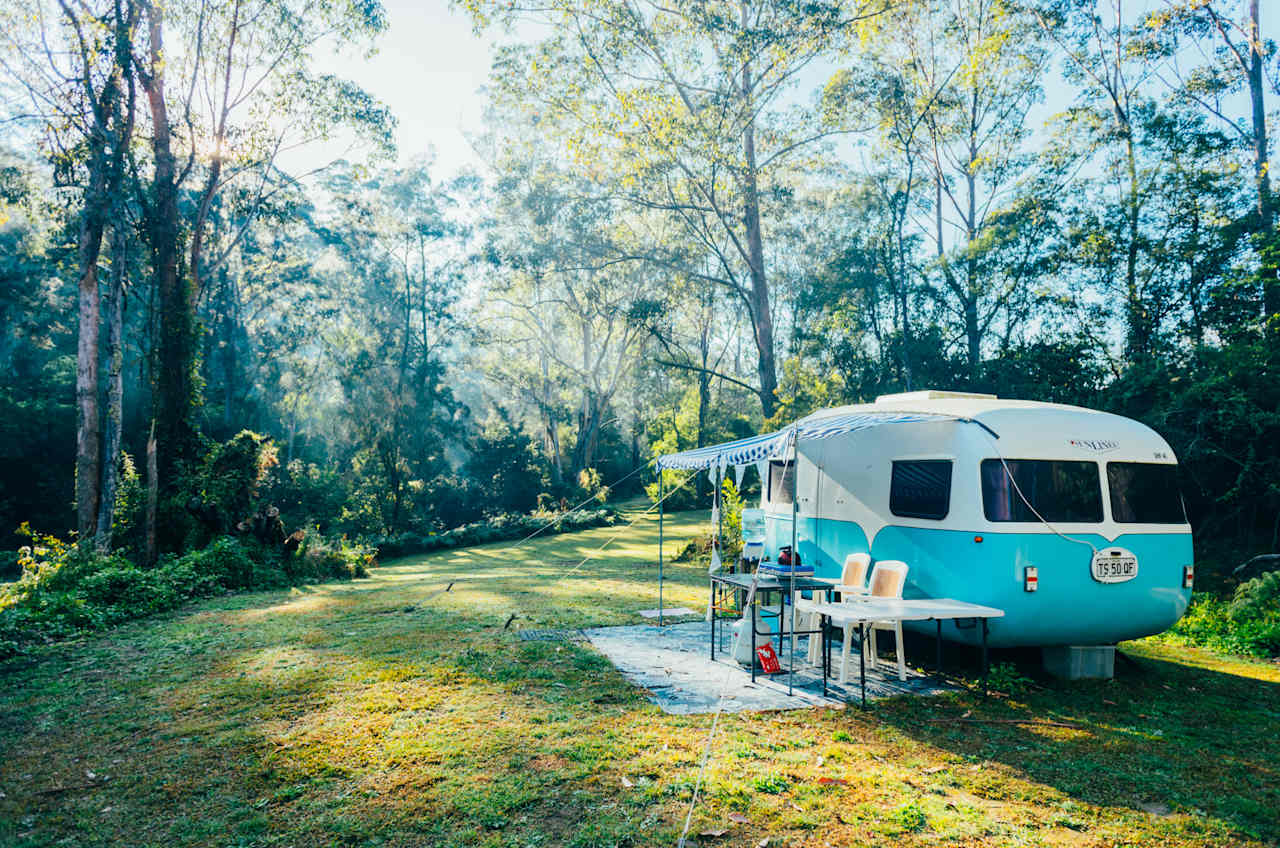 caravan setup at sunrise