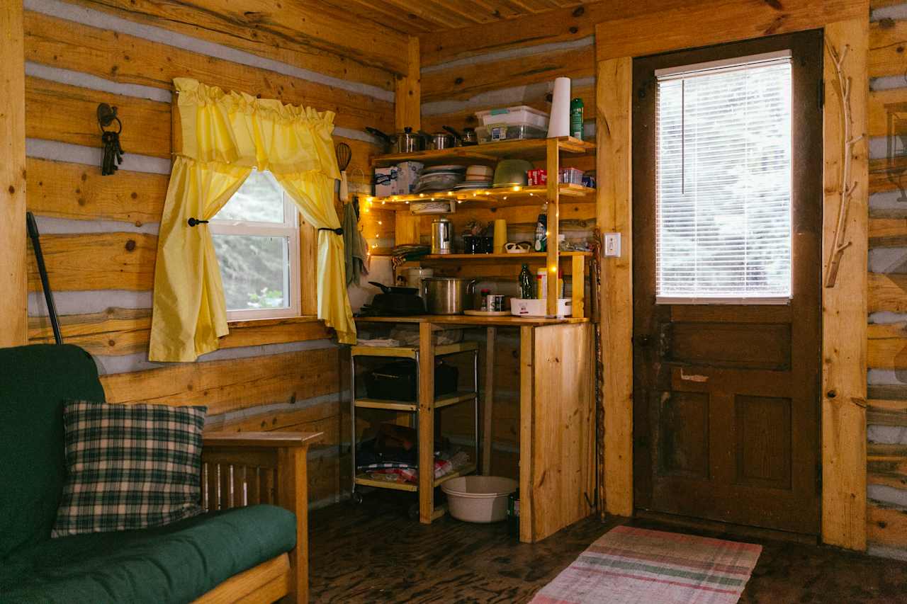 A pretty well stocked cabin 'kitchen.'