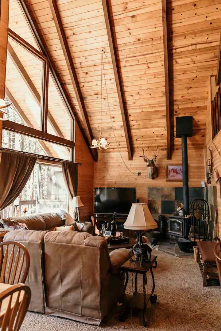 A spacious living room with an A-frame view to the forest. 