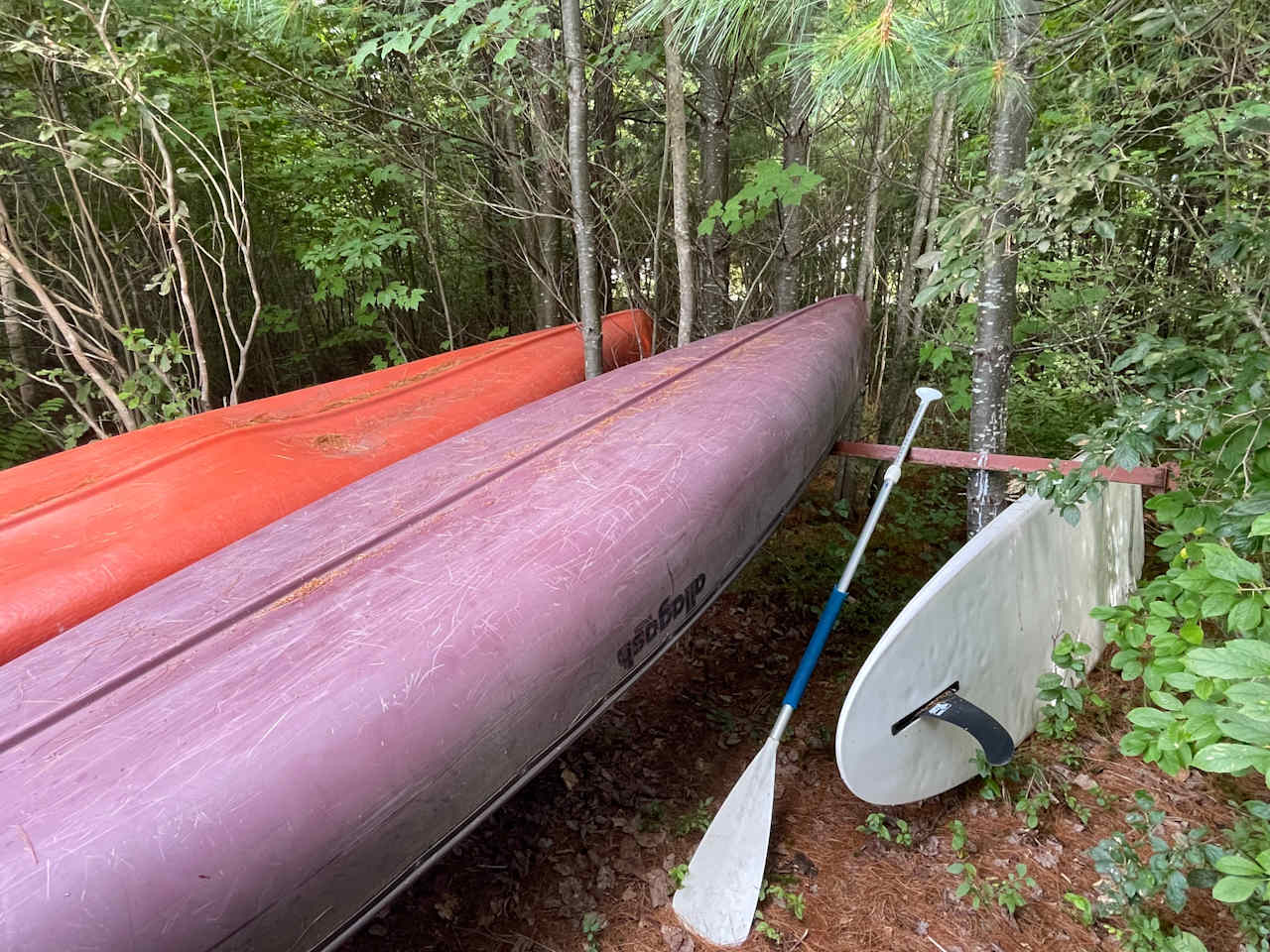 2 canoes and a paddle board available to borrow.