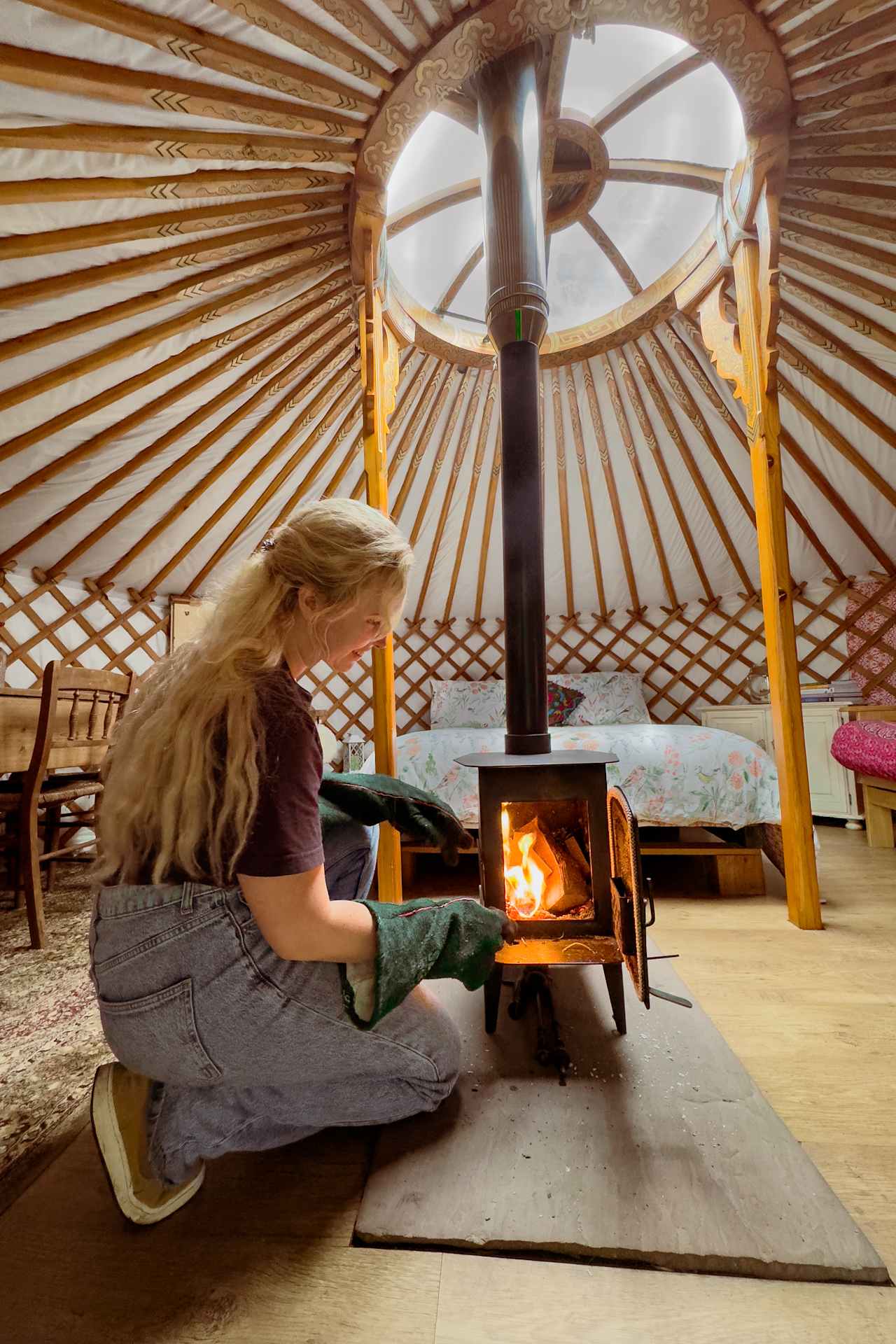 Wood fire inside Yurt