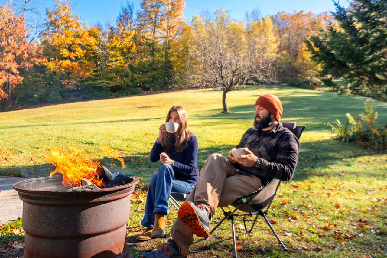 Morning coffee by the fire.