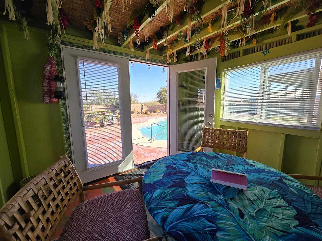 The Pool House view of the pool area. The doors lock and blinds for privacy. It's very cozy. 