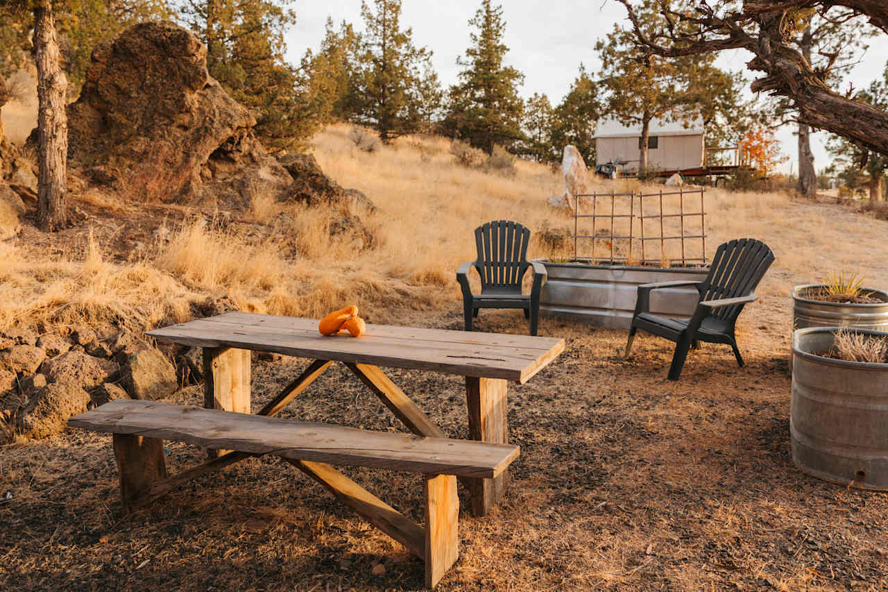 Picnic area outside on the wood table under native junipers surrounded by sagebrush, bitterbrush, and native grasses.