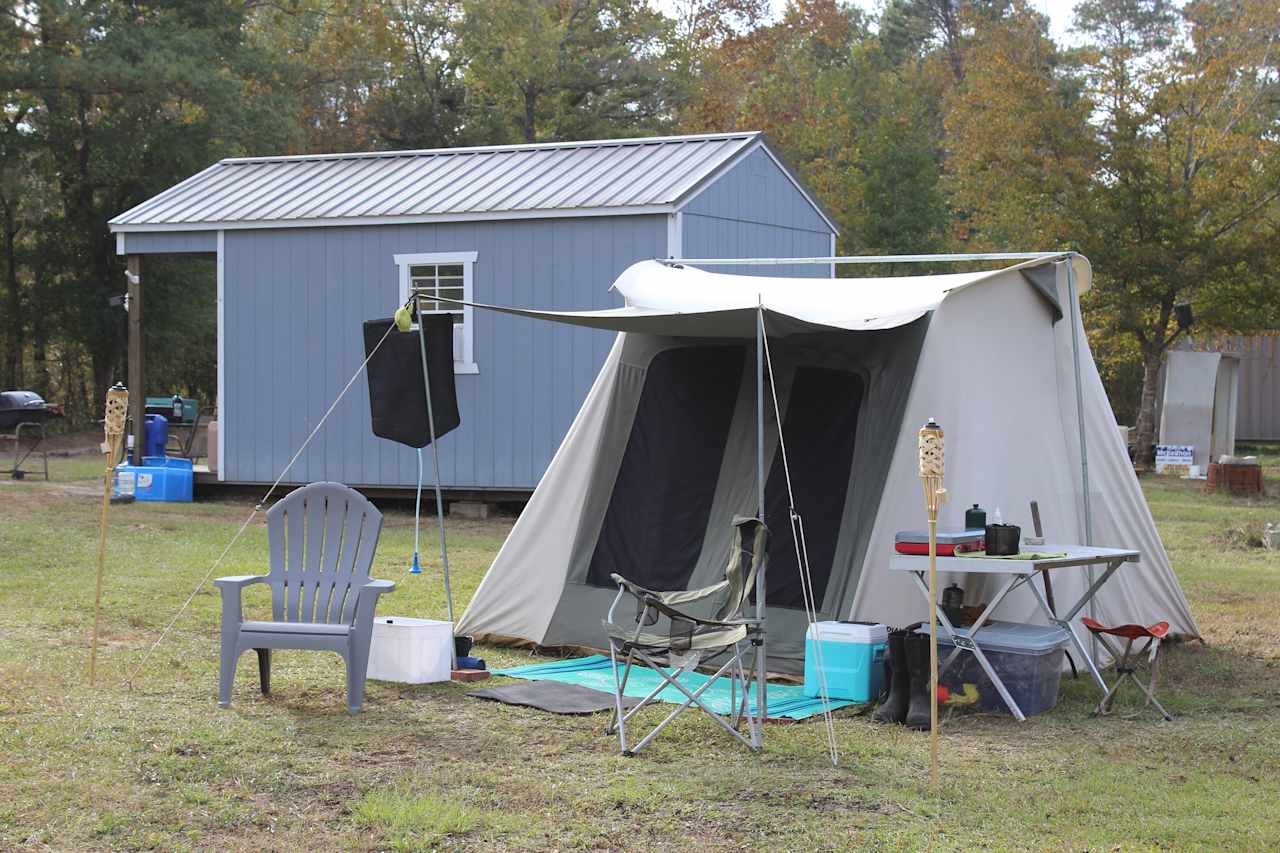 One of many flat and manicured sites to pitch your tent or park your RV/camper.