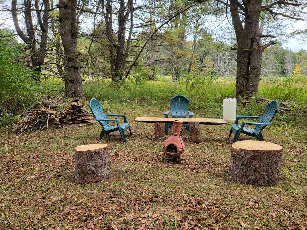 Campsite 2 has tent space for 4 tents. There is fire wood on site, 35 gallon non potable water, Small chimine, 