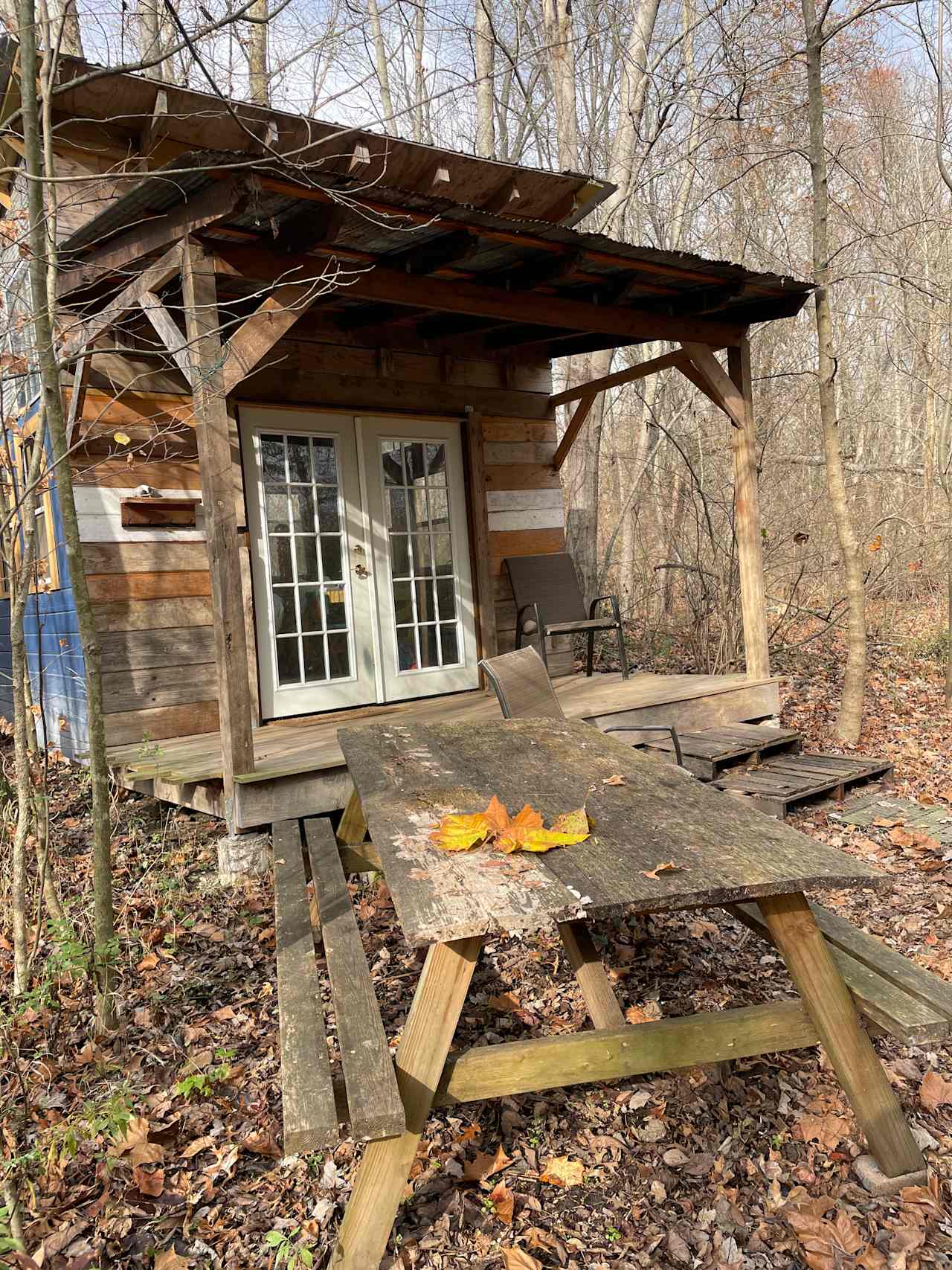 Cabin and picnic table (fire pit just out of view)