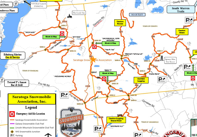 Saratoga Snowmobile Association map of the area, we are at the orange star.