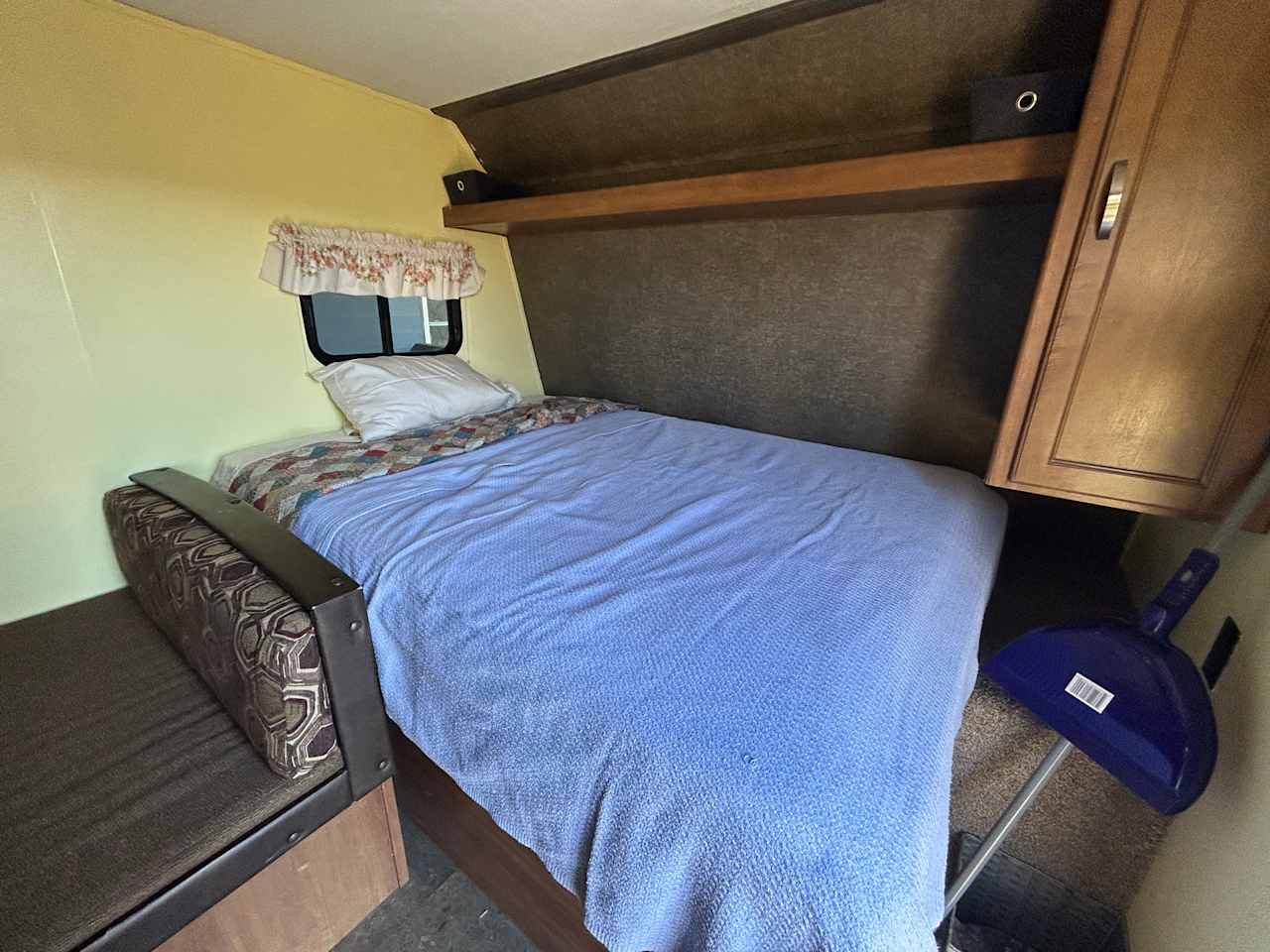 Queen sized bed offers a memory foam experience at camper pricing. Linens will always be clean, though the bed will not look made by a professional ;)