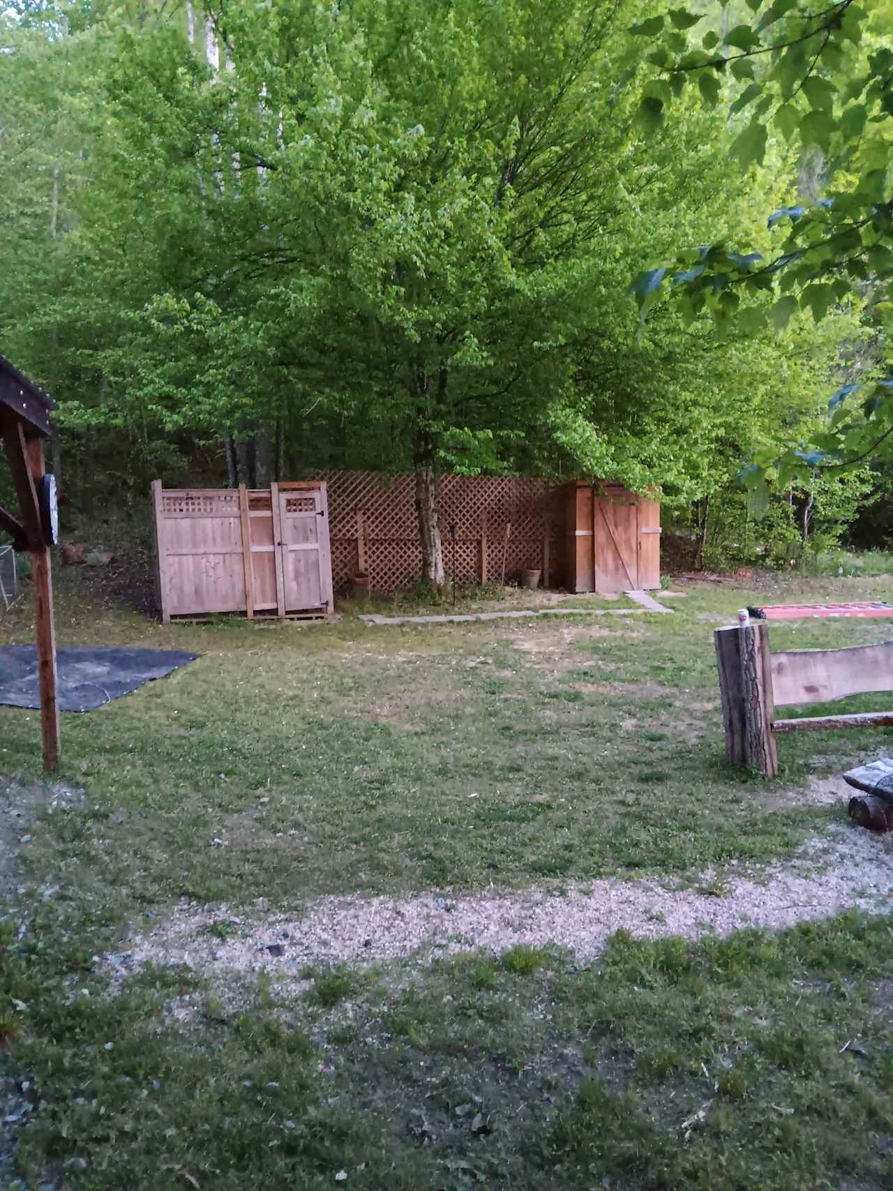 Outdoor Shower on the left Outhouse on the right. Yes, that is a dartboard on the left, horse shoes, and corn hole avaliable. 