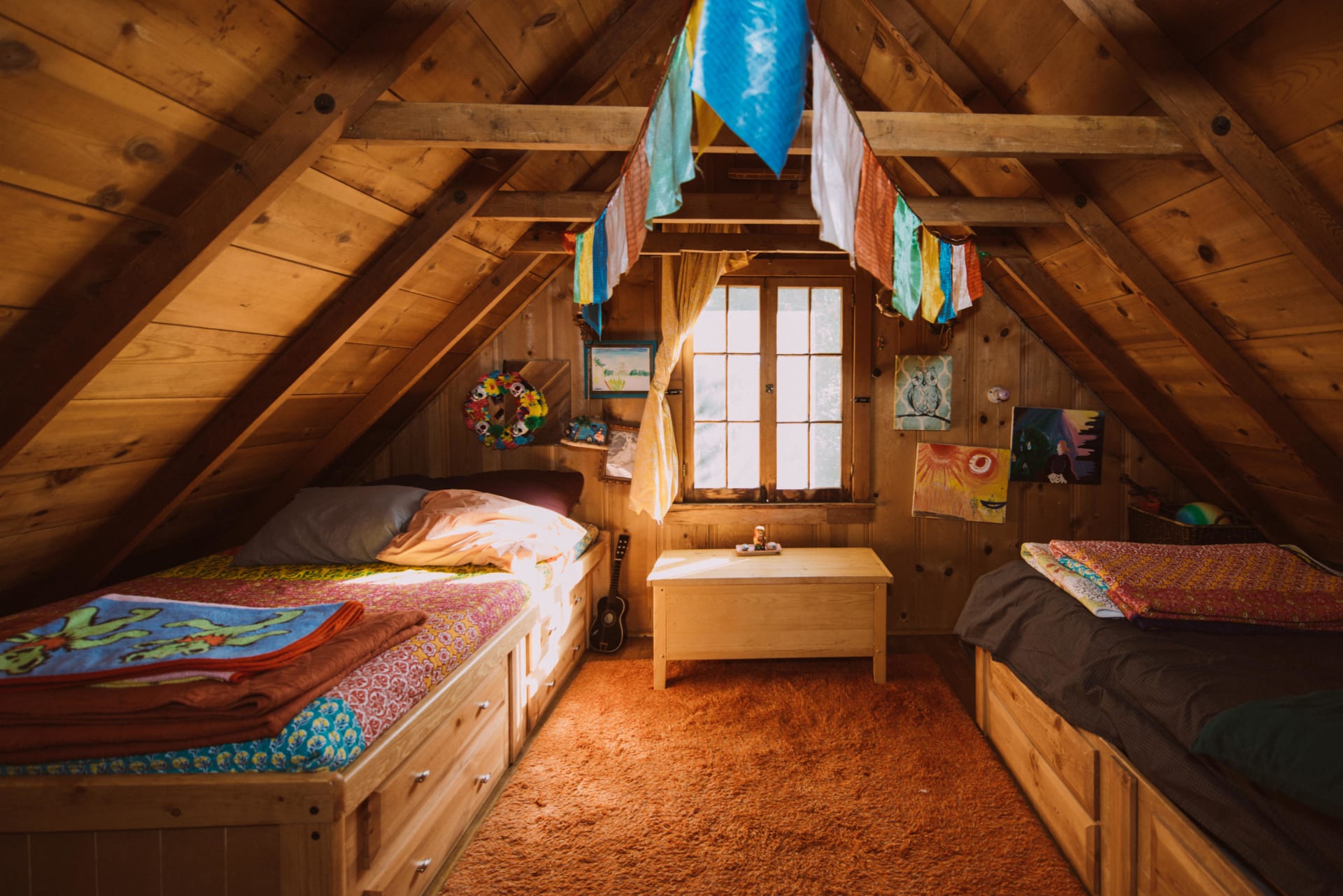Sleeping loft has 2 full-sized beds