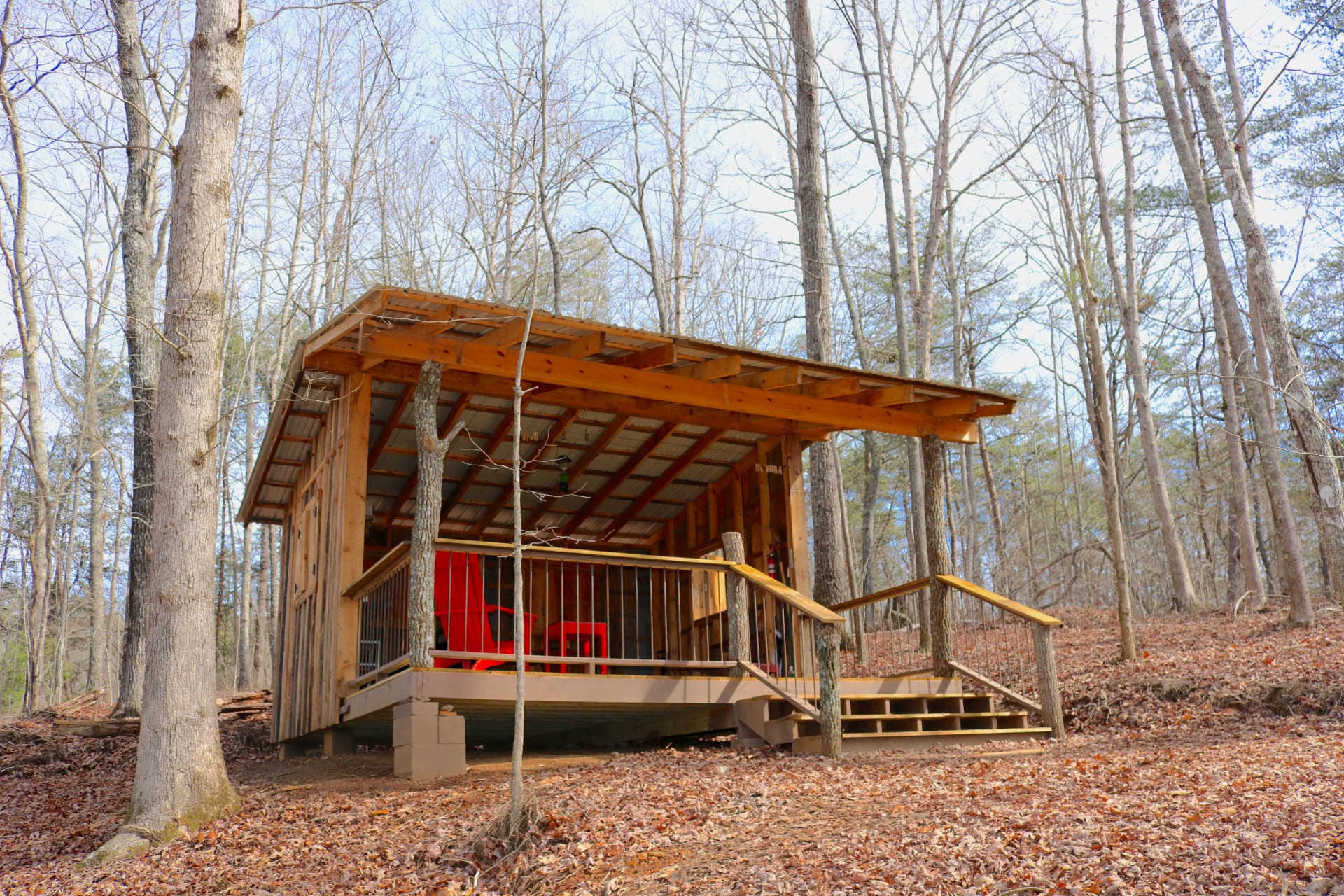 You are definitely in the mountains now! The shelter is hand crafted from all rough sawn locally sourced wood from the site or from Fannin County forests.