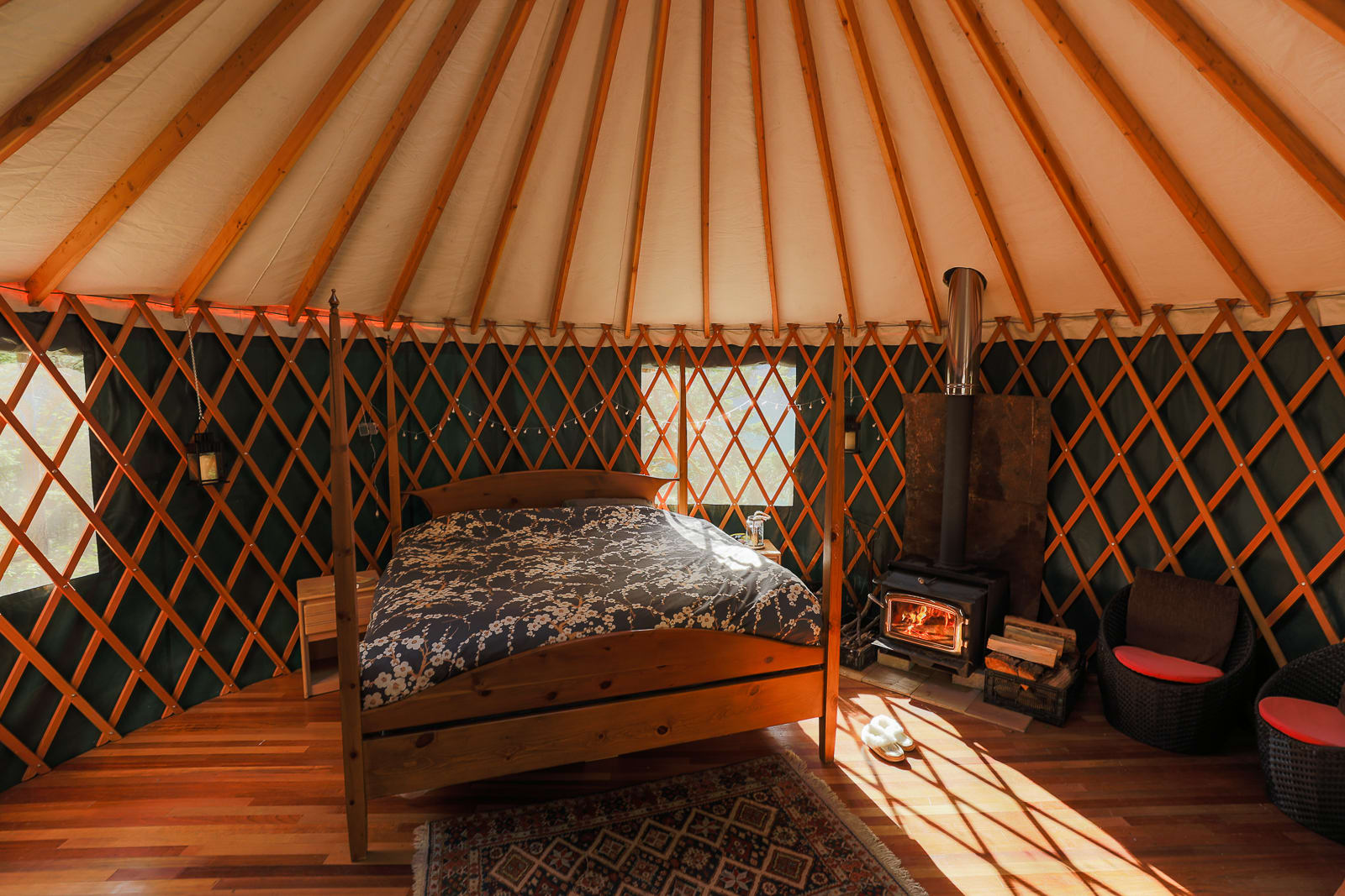 The Yurt has a king size bed and ample space for you to move around in.